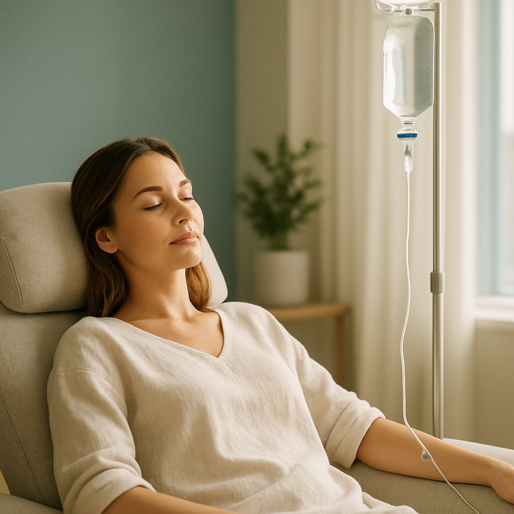 A relaxed patient receiving IV hydration therapy in a calm setting